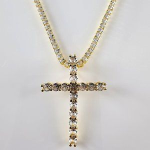 Luxury Cubic Zirconia Cross Pendant 16" Tennis Chain Necklace Unisex Icy Brand
